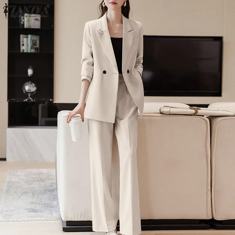 ZANZEA Korean Fashion Blazer Tops 2pcs Suits Autumn 2024 Solid Color Women Elegant Pant Sets Trousers Commute Blazer Suits