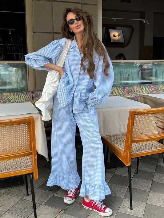 Marthaqiqi Striped Women Pajamas Set Turn-Down Collar Sleepwear Long Sleeve Nightgown Pants Casual Ladies Nightwear 2 Piece Suit