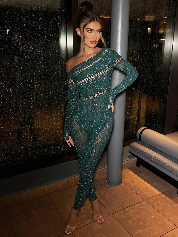 Sibybo Off Shoulder Long Sleeve Jumpsuits Women Fashion Rhinestones High Stretch Hollow Out Sexy Overalls Sparkly Party Rompers Dark Green One Size