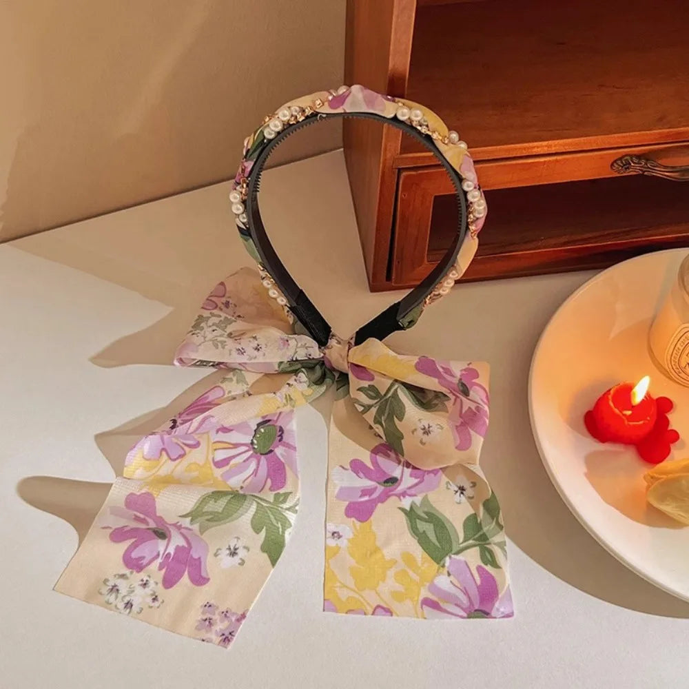Retro Silk Scarf Headband Floral Print Pearl Braided Hairband Adjustable Bow Non Slip Ribbon Hairband for Women Girls Kid