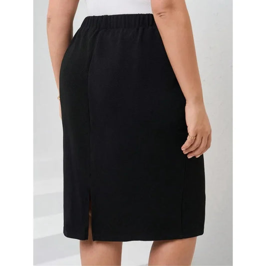 Plus Size 1XL-5XL WomenโsTrendy Elastic Mid Length Skirt Slimming-fit Women Casual High Waisted Knee Length Tight Skirt