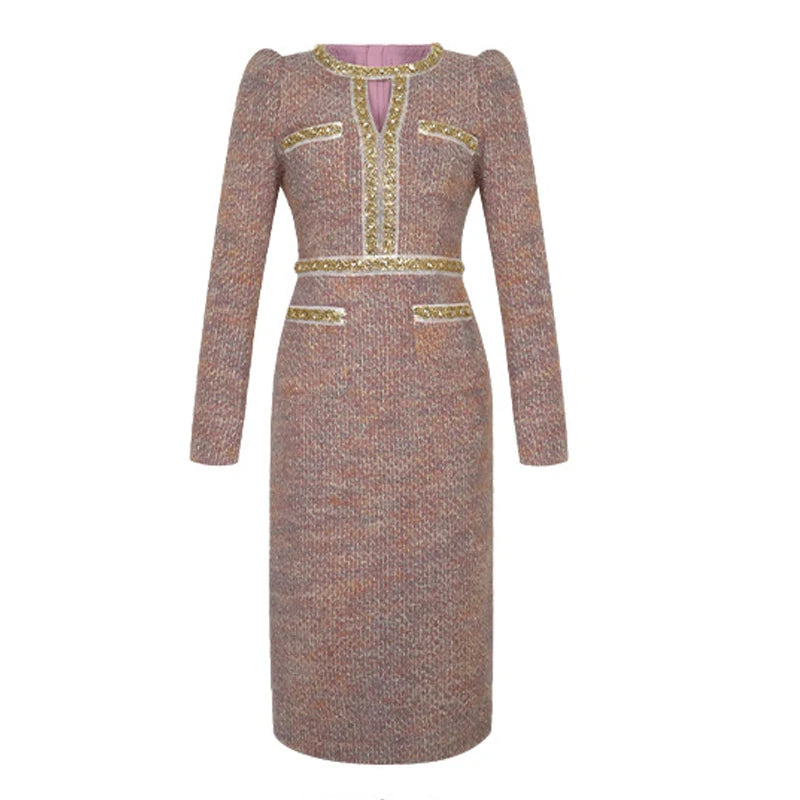 Women Clothes Vintage Tweed Hollow Sexy O-Neck Slim Midi Pencil Dress Elegant Fashion Evening Party Vestidos Formal Occasion New Pink CHINA