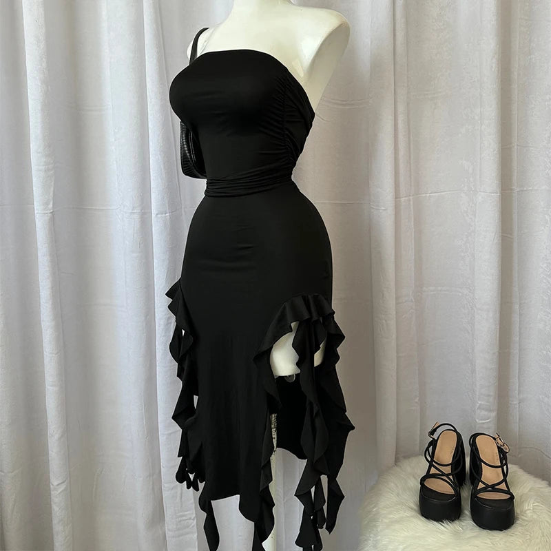 Women Strapless Sexy Floral Fold Hemline High Slit Mini Dress 2024 Solid Backless Sleeveless Black And Pink Party Dress Vestidos black