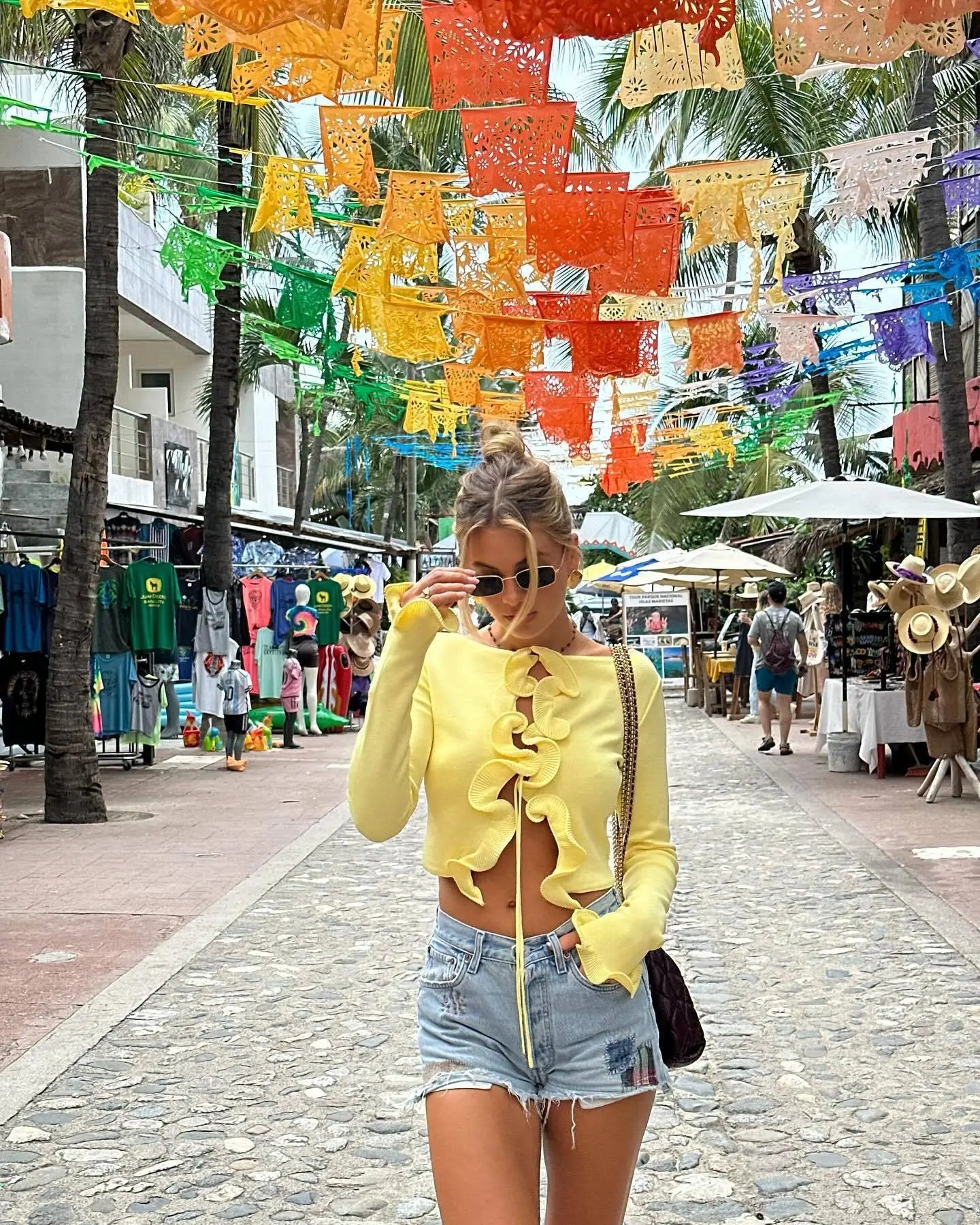 Yellow Knit Sweater Lace up Cropped Cardigan Ruffles Top For Women Black White Long Sleeve Y2K Clothing 2025 New Knitwears Fall