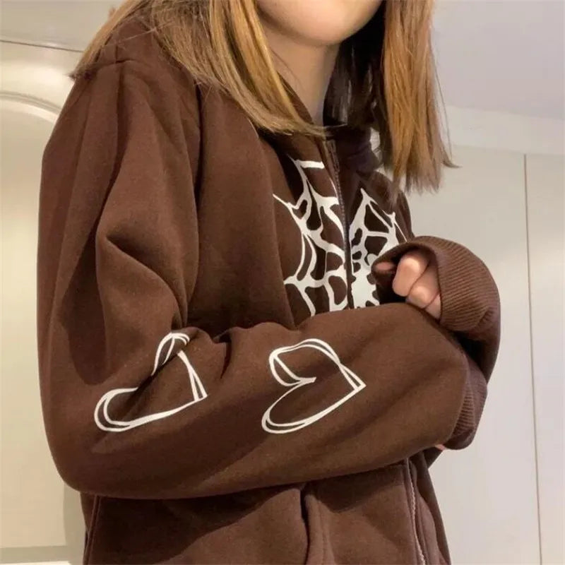Y2K Rhinestone Cobweb Zip Up Oversized Sweatshirt 2022 Autumn Goth Hoodie Men Women Grunge Hooded Jacket Streetwear Y2K Clothing
