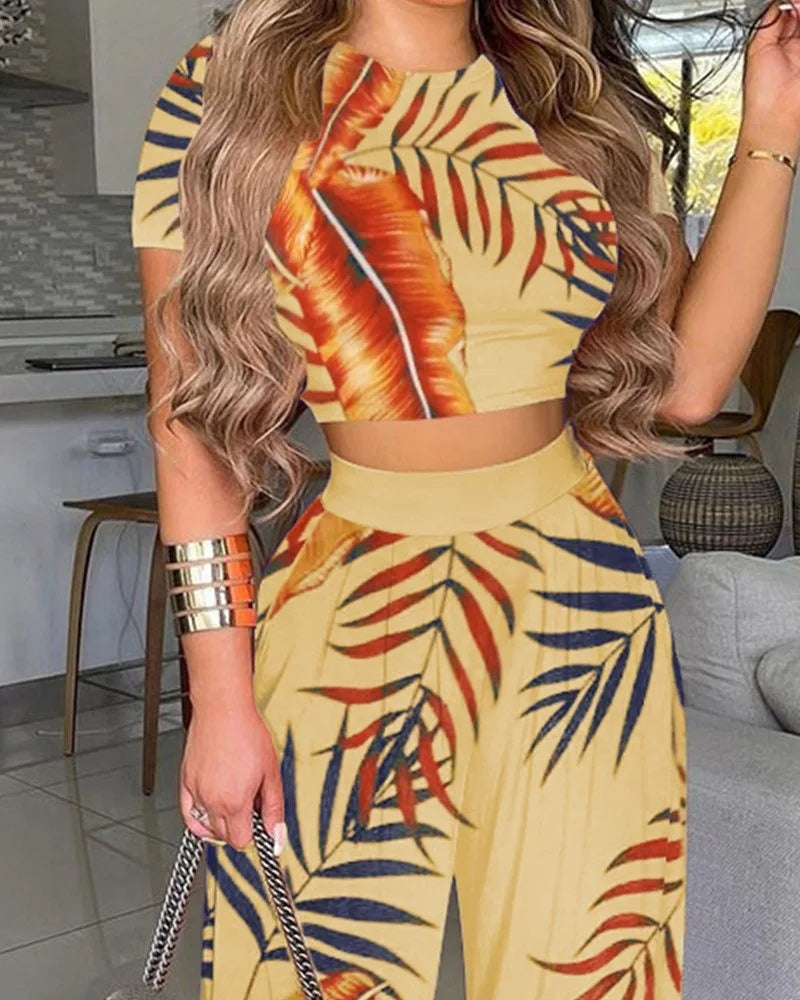 Women Print Pant Sets Two Piece Suit Round Neck Short Sleeve Tops Vests Wide Leg Trousers High Waist Pant Matching Sets Summer