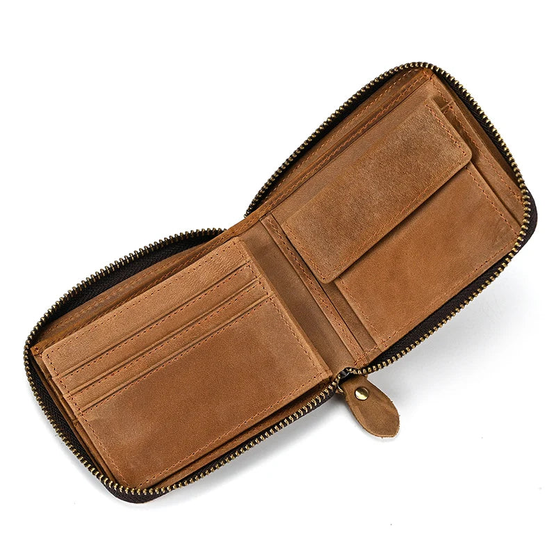 2023 New Short Wallet Men Women Vintage Fashion Card Holder Zipper Coin Purse Crazy Horse Leather Mens Slim Zipper Purse Wallet 1037 Light Brown