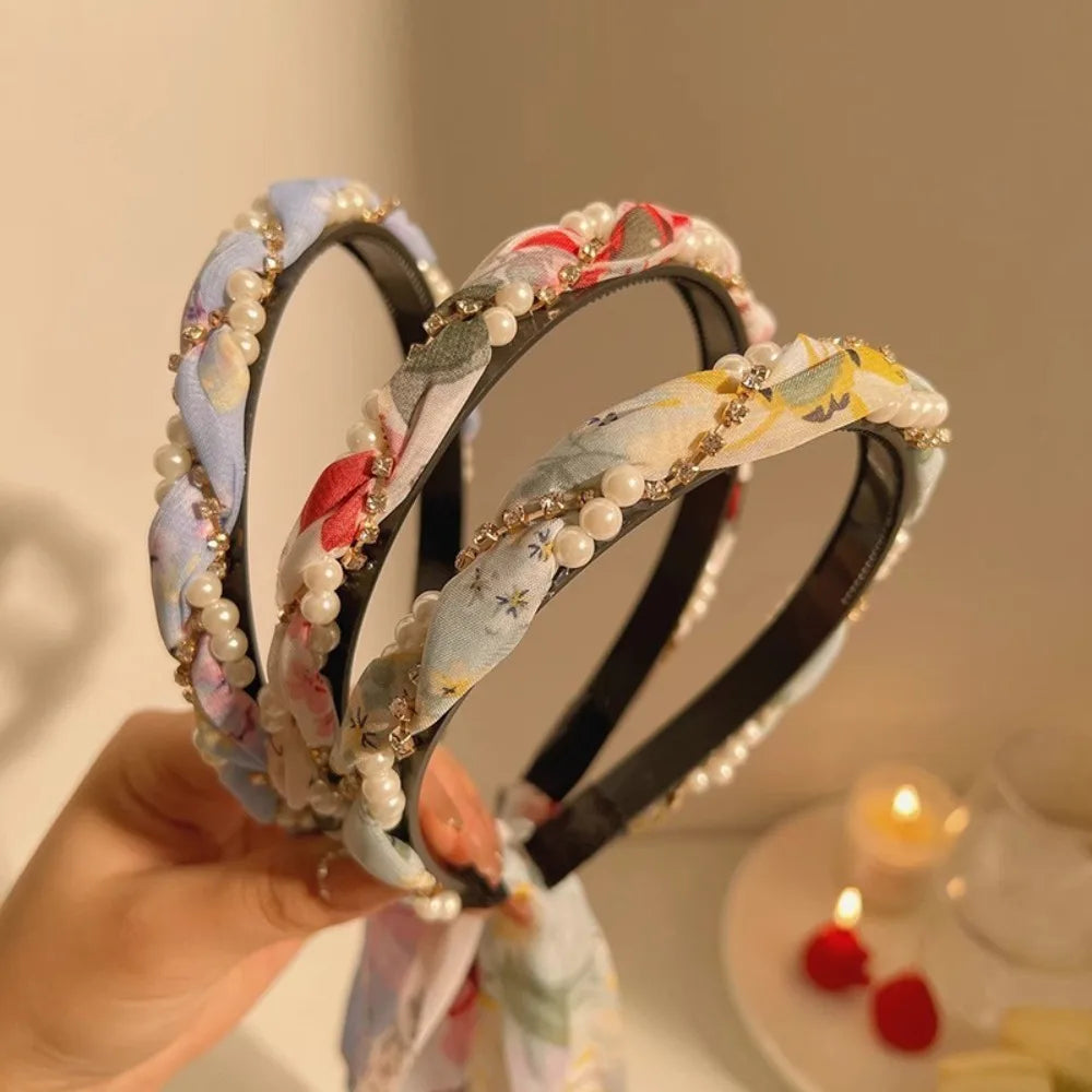 Retro Silk Scarf Headband Floral Print Pearl Braided Hairband Adjustable Bow Non Slip Ribbon Hairband for Women Girls Kid