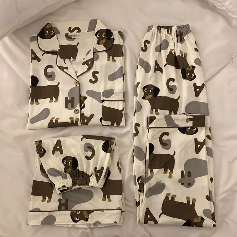 Spring Summer 2024 Cute Women's Pajamas Set Dachshund Print Cotton Two Pieces Short Sleeve Tops Full Length Pants Sleepwear 3991 Top shorts and pants