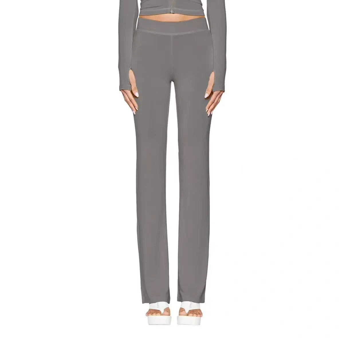 slim fit shoulder floral print bright line design slim fit hooded zipper short jacket pants for women grey pants