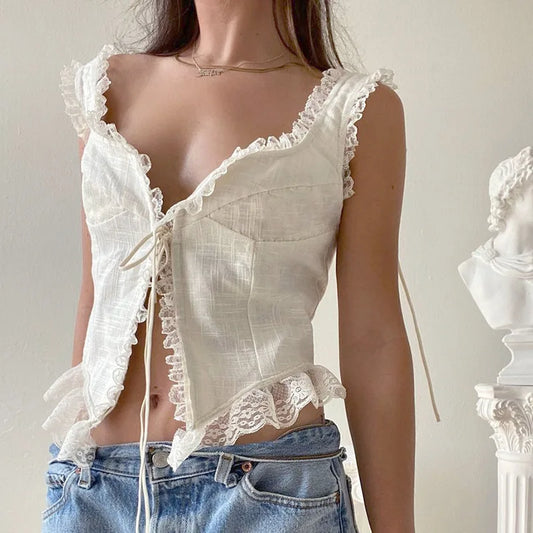 Fashion Summer Casual Lace Trim Tie Up Camisole Women Solid Color V Neck Sleeveless Tank Top Sexy Low Cut White Crop Top