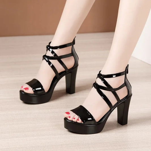 Big Size 32-43 Block Heel Platform Sandals Women Wedding Shoes 2025 Summer High Heels Gladiator Sandals Patent Leather Sandals