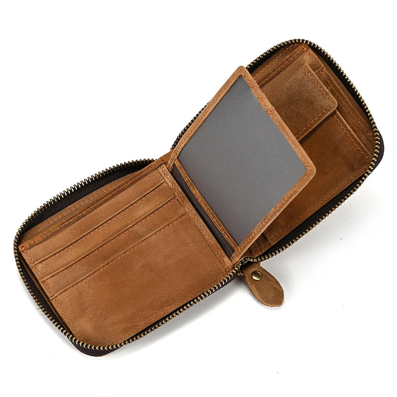 2023 New Short Wallet Men Women Vintage Fashion Card Holder Zipper Coin Purse Crazy Horse Leather Mens Slim Zipper Purse Wallet