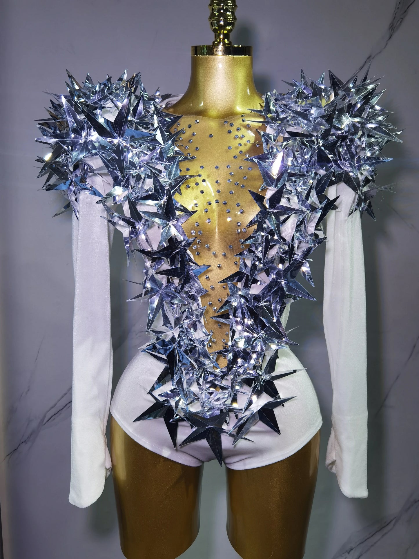 2025 New Shiny Black Rhinestone Velvet Long Sleeve Bodysuit Women Evening Party Club Gala Hosts NightClub Bar Stage Costumes Silver