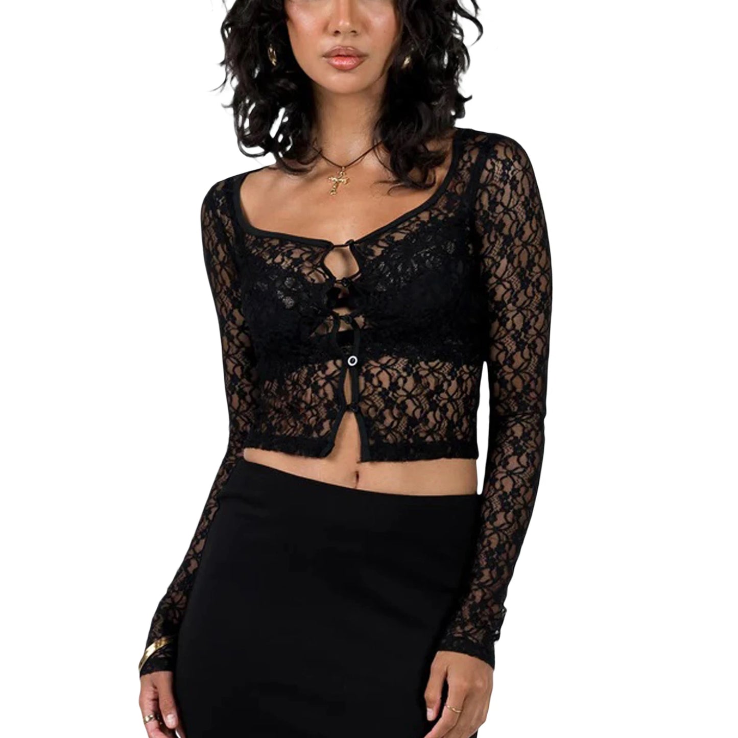 Women Sexy See Through Cardigans Y2K Long Sleeve Lace Mesh Lace Vintage Lace Tie Up Floral Crop Tops Streetwear Cardigans D-Black
