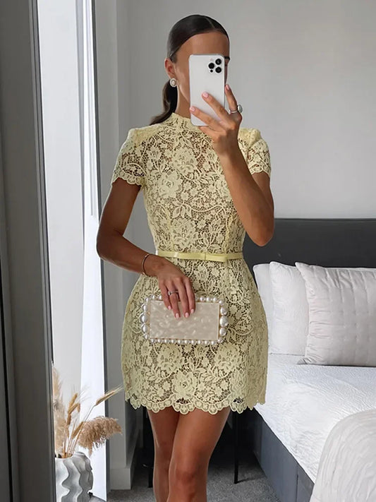 Women Fashion Yellow Lace Hollow Out Mini Dress Elegant Short Sleeve High Waist Bodycon Dresses Sexy Party Street Lady Vestidos