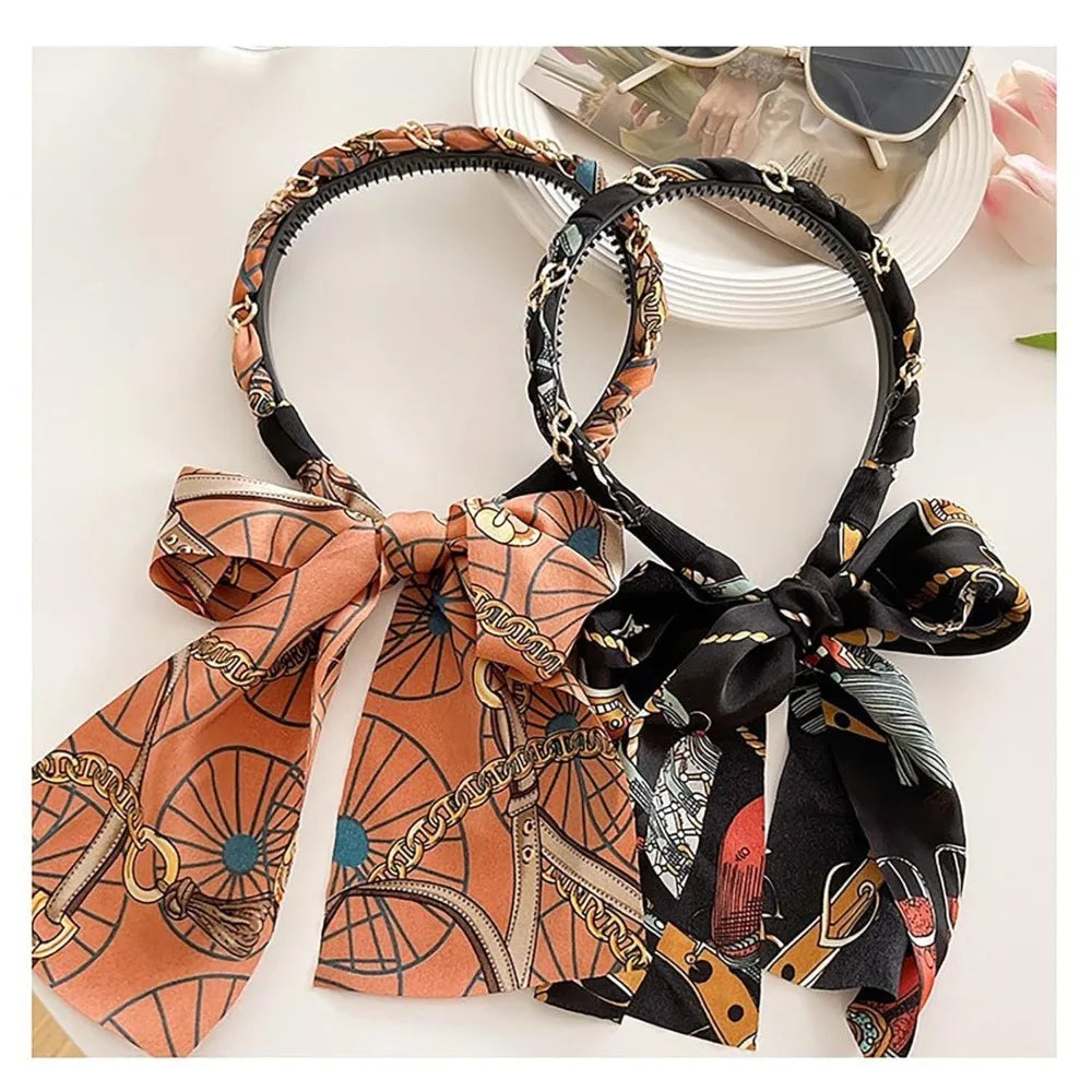 Retro Silk Scarf Headband Floral Print Pearl Braided Hairband Adjustable Bow Non Slip Ribbon Hairband for Women Girls Kid