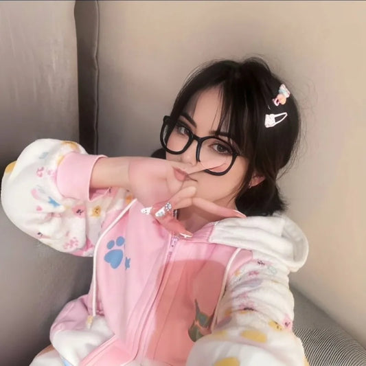Harajuku Zip Hoodies Women Japanese Sweet Lolita Sweatshirts Kawaii Cartoon Print Y2k Hooded Overcoat Korean Fashion Clothes Top