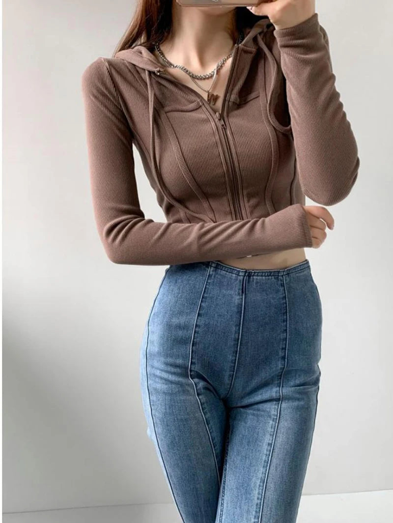Thin Hooded Cardigan Women Korean Vintage Slim Summer Solid Sports Jacket Vertical Pit Stripe Zipper Female Sexy Cropped Tops