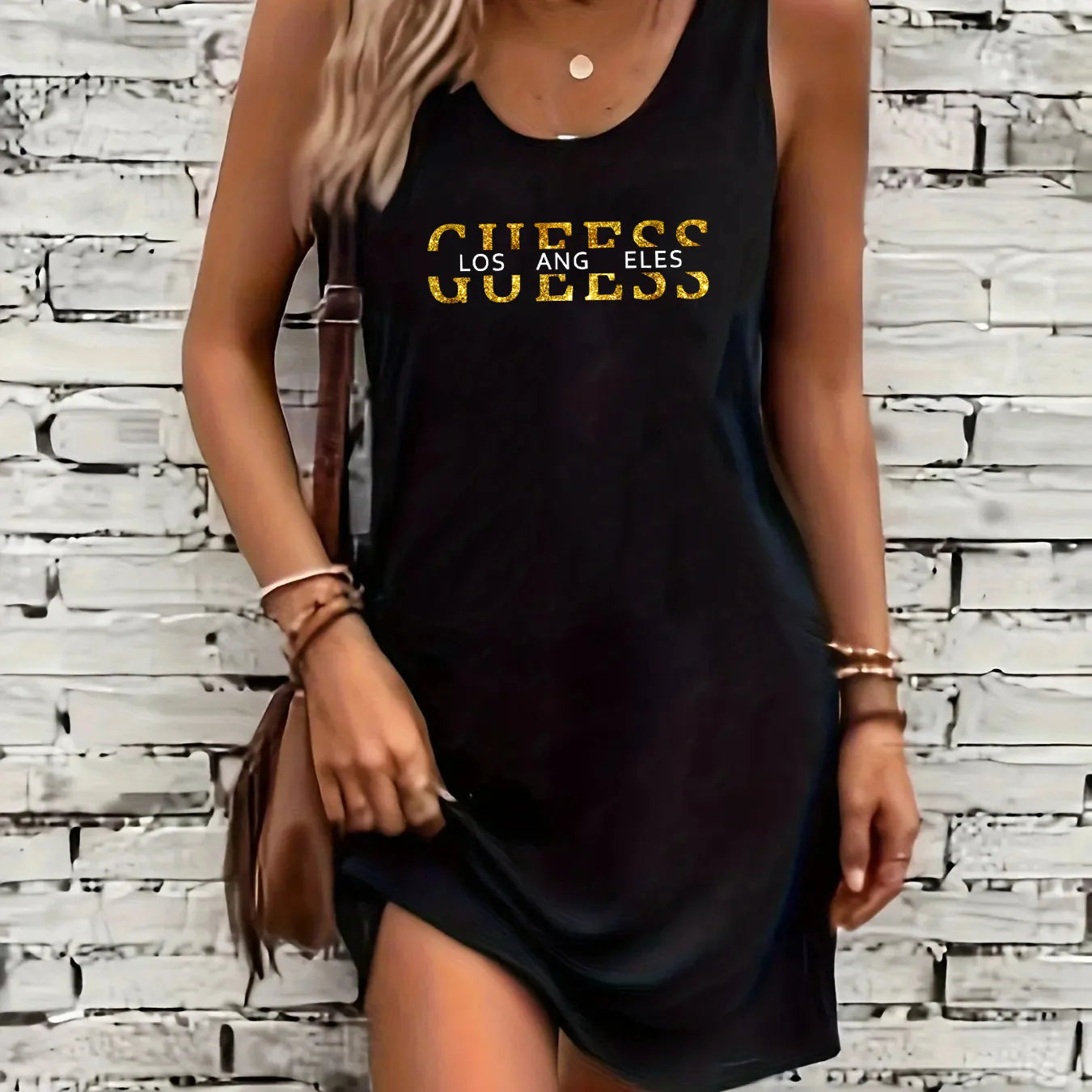 Women's summer loose casual fashion Calvin letter pattern printed vacation punk style mine black sleeveless vest dress BXQ01-GUEESS