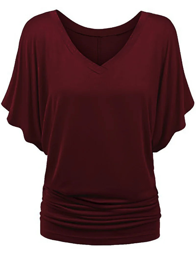 Women V Neck Short Sleeve Pleated Loose T-shirts Summer Lady Batwing Sleeve Oversized S-5XL Tee Shirt Tops OUYMFZ-A1375 Wine Red
