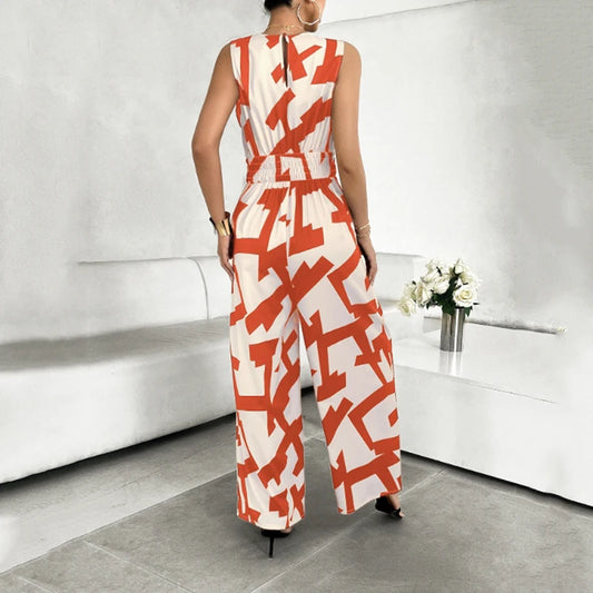 Summer Fashion Vacation Style Jumpsuits for Women Casual V Neck Sleeveless Color Blocking Lace Up High Waist Wide Leg Jumpsuit Badiee Stylez