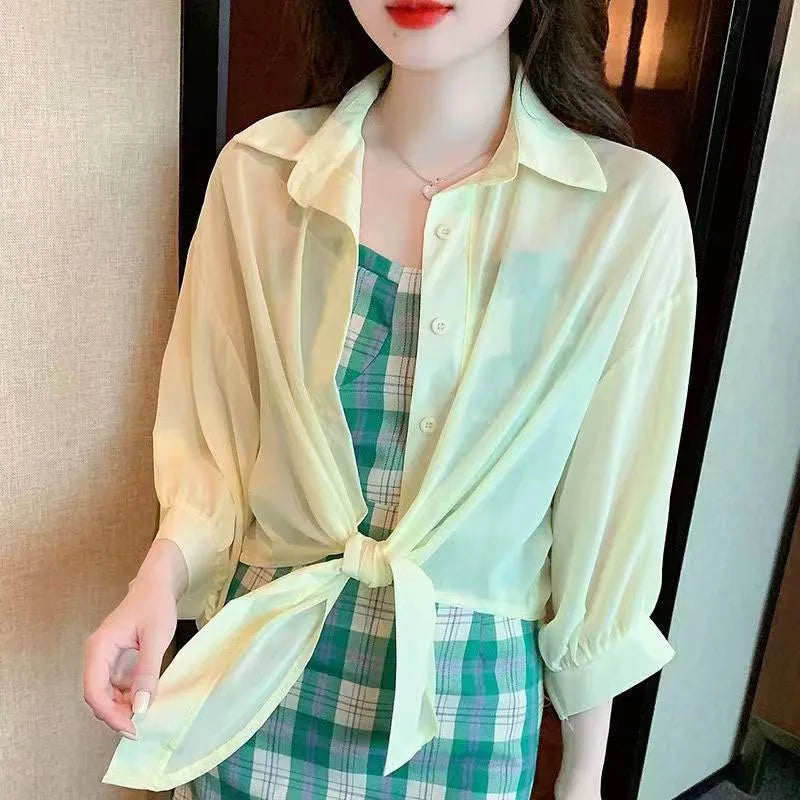 Xpqbb Summer Sun Protection Shirts Ladies Solid Color Tied Waist Half Sleeve Button Blouse Women Casual Loose Chiffon Shirt Yellow