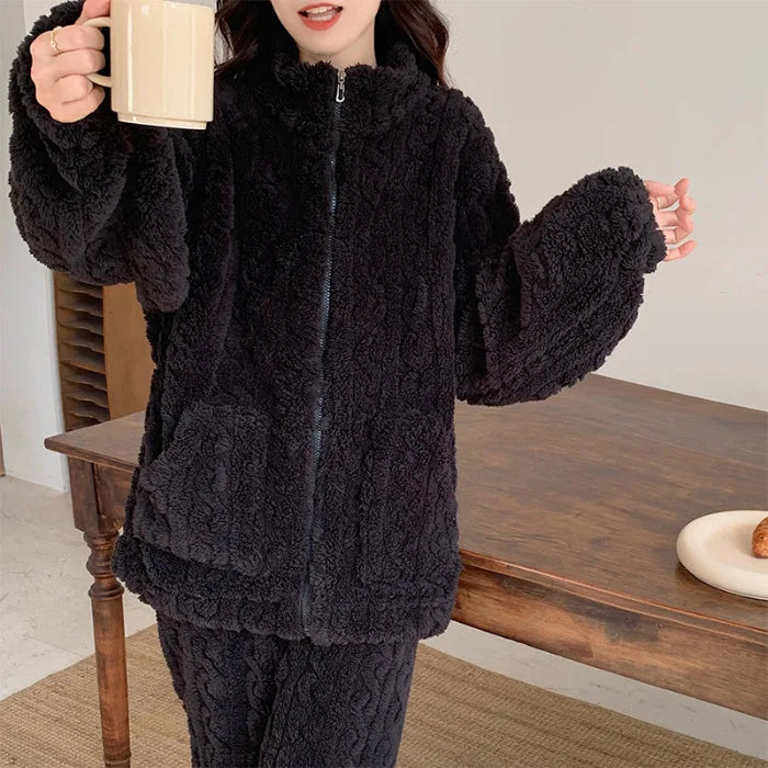 Large Size Flannel Pajamas Set Autumn Winter Female Sleepwear Trouser Suit Thicken Coral Fleece High Collar Lounge Wear Homewear Black Pajamas Set