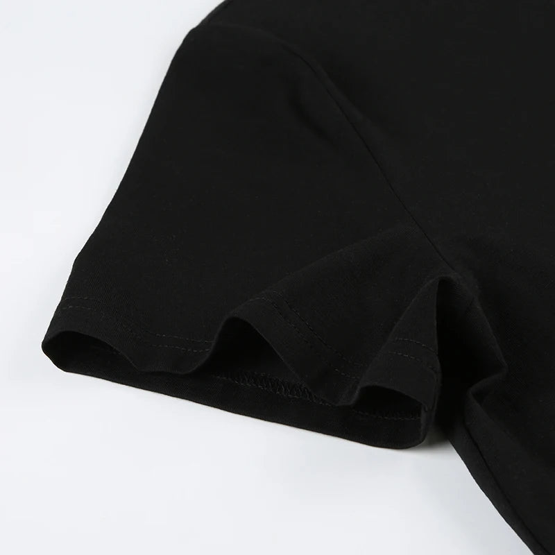 Cuteandpsycho Casual Sexy Crewneck Cropped Tops Slim Streetwear Summer Elastic Vintage Tees Short Sleeved Y2k Punk Clothings