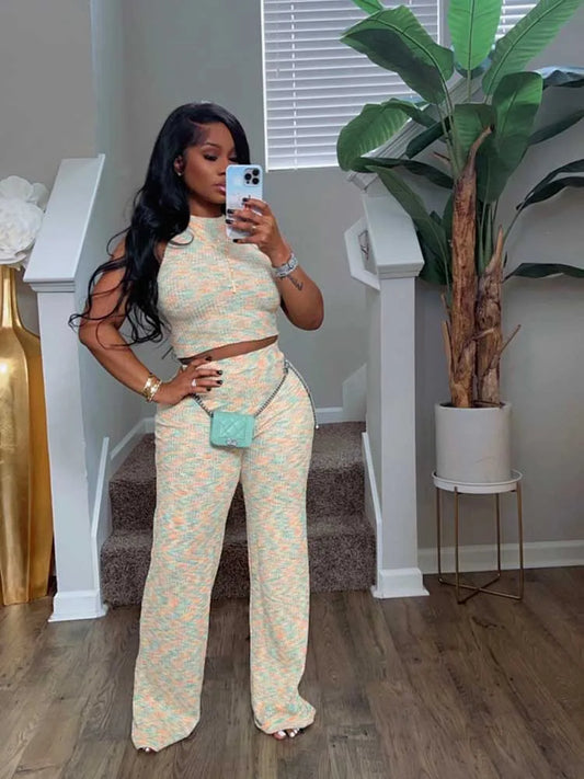 2 Piece Sets Womens Outfits Elegant Stretchy Knitted Summer Suit Sexy Sleeveless Top and Pant Suit Wholesale Dropshipping