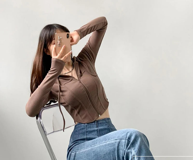 Thin Hooded Cardigan Women Korean Vintage Slim Summer Solid Sports Jacket Vertical Pit Stripe Zipper Female Sexy Cropped Tops