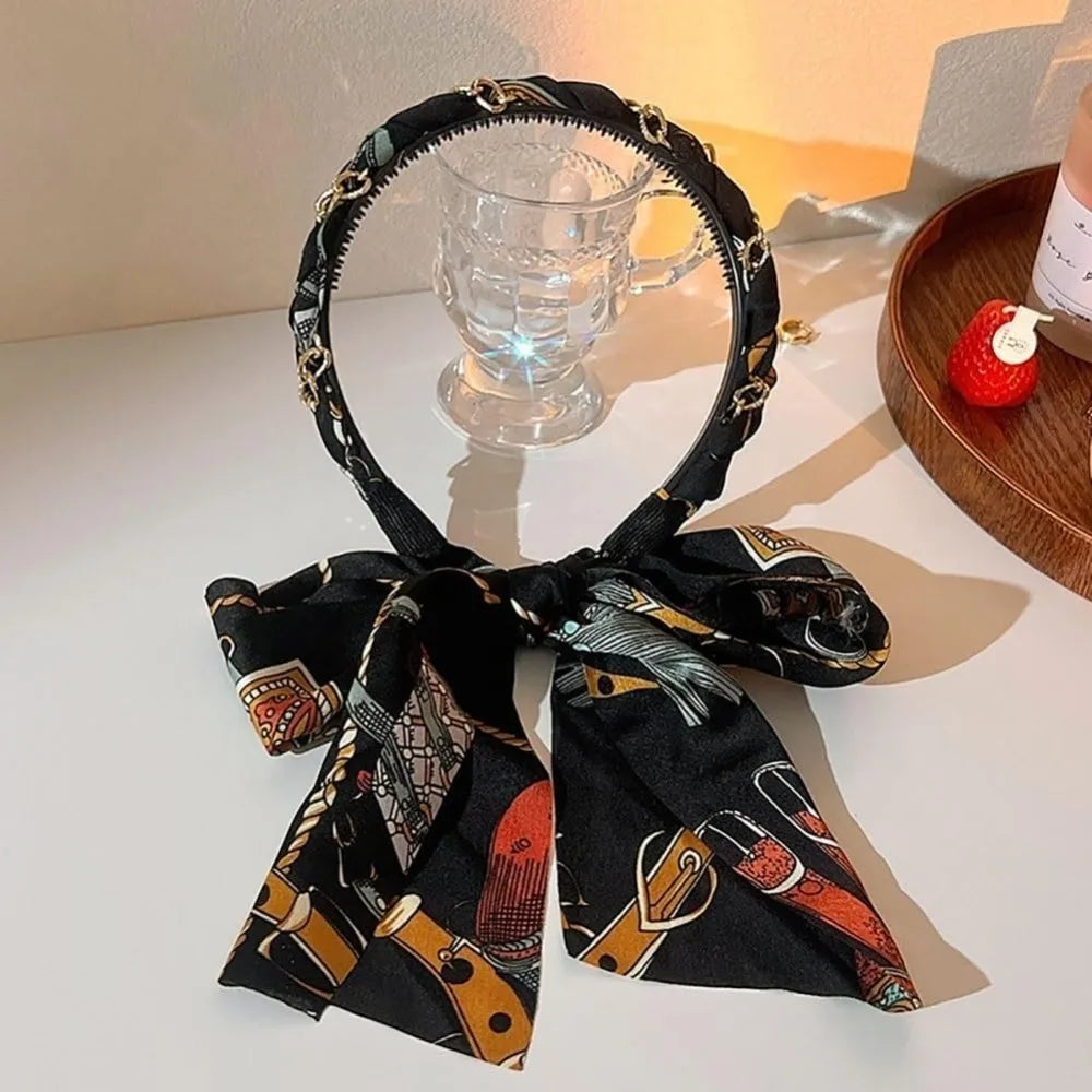 Retro Silk Scarf Headband Floral Print Pearl Braided Hairband Adjustable Bow Non Slip Ribbon Hairband for Women Girls Kid Style 2