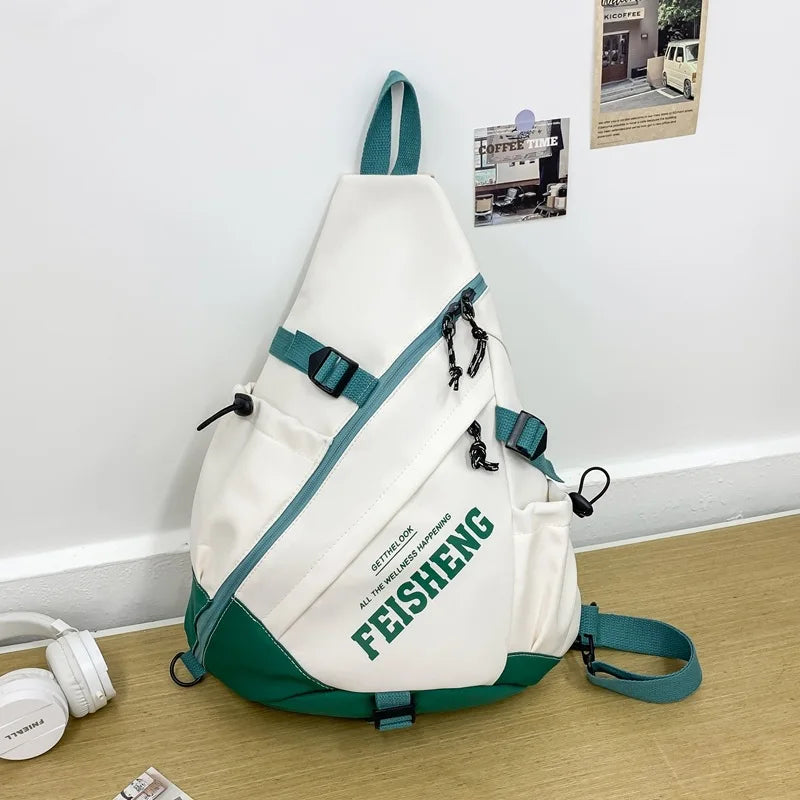 New Y2k Portable Light Nylon Crossbody Bag Trendy Rucksack Travel Shoulder Bag Casual knapsack Outdoor Sports Unisex Chest Packs Style B White Green