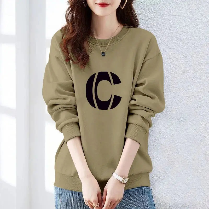 Women Clothing Spring Autumn Long Sleeve Print Letter Loose Casual Hoodies Sweatshirts Lazy Style All-match Tops Trend Fashion Khaki