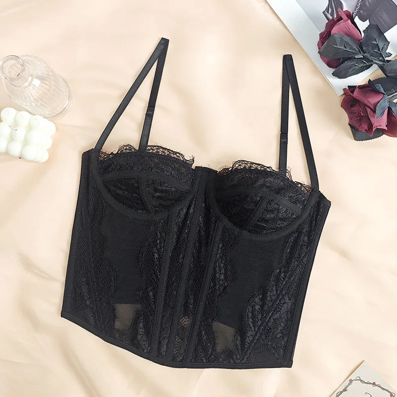 Women Lace Bustier Top Sexy Sheer Mesh See Through Spaghetti Strap Slim Camisole Y2K Going Out Night Club Party Corset Top