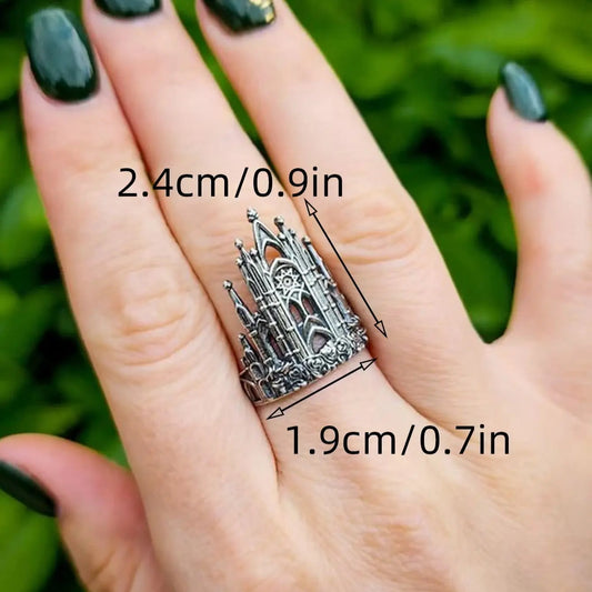 1pc Vintage Castle Architectural Style Hollow Out Fiowers Geometry Gothic Metal Silver Color Open Ring Woman Party Prom