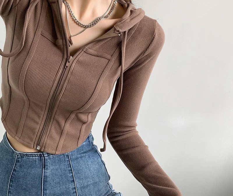 Thin Hooded Cardigan Women Korean Vintage Slim Summer Solid Sports Jacket Vertical Pit Stripe Zipper Female Sexy Cropped Tops