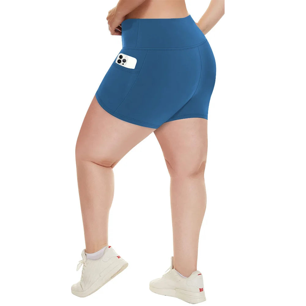 Plus Size Fit Yoga Shorts for Women's High Waist Side Pocket Workout Running Tight Stretchy Athletic Summer Fashion Slim Shorts