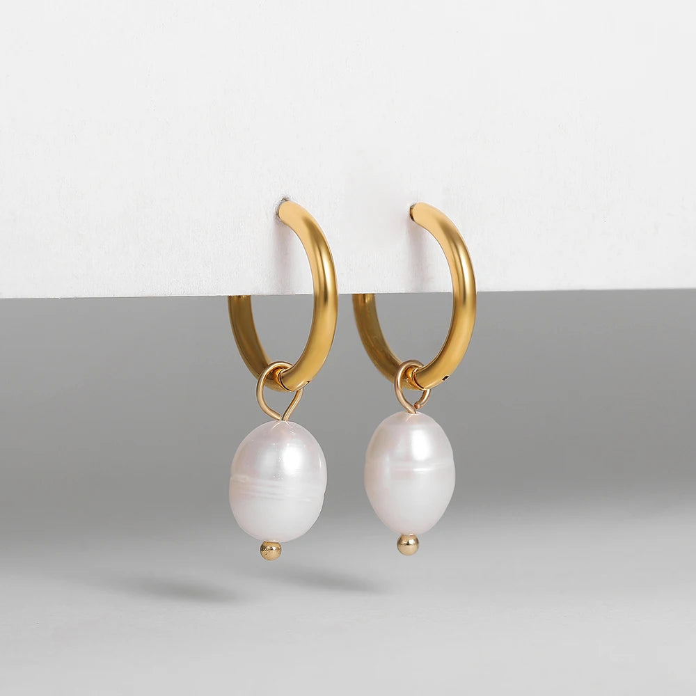 2 Pair/Set Fashion Stainless Steel Imitation Pearls Dangle Hoop Earrings for Women Dainty 18k Gold Plated Hoops Vintage Jewelry