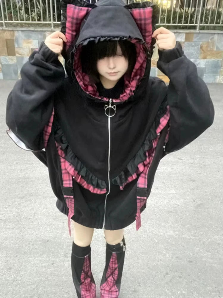 Japanese Sweet Coats Y2K Clothing Hoodie Women Tops Autumn and Winter Color Match Splicing with Thick Velvet Cardigan Jackets 861 Black Pink