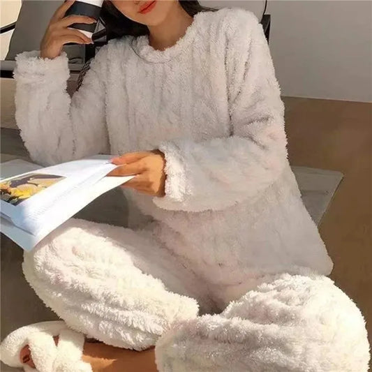 Soft Coral Velvet Jacquard Warm Pajama Set for Women Cozy Loungewear Outerwear for Winter Christmas Back to School Gift ๏ปฟ