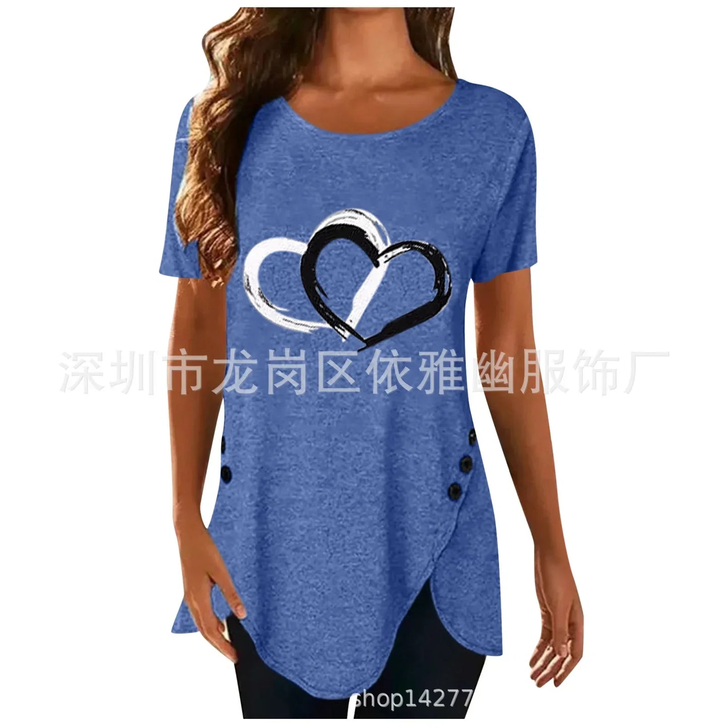 Women's Short-sleeve Heart Printed T-shirt Summer Casual Loose Long Top Tee Shirt Clothing Fashion T Shirt Streewear Oversized Blue