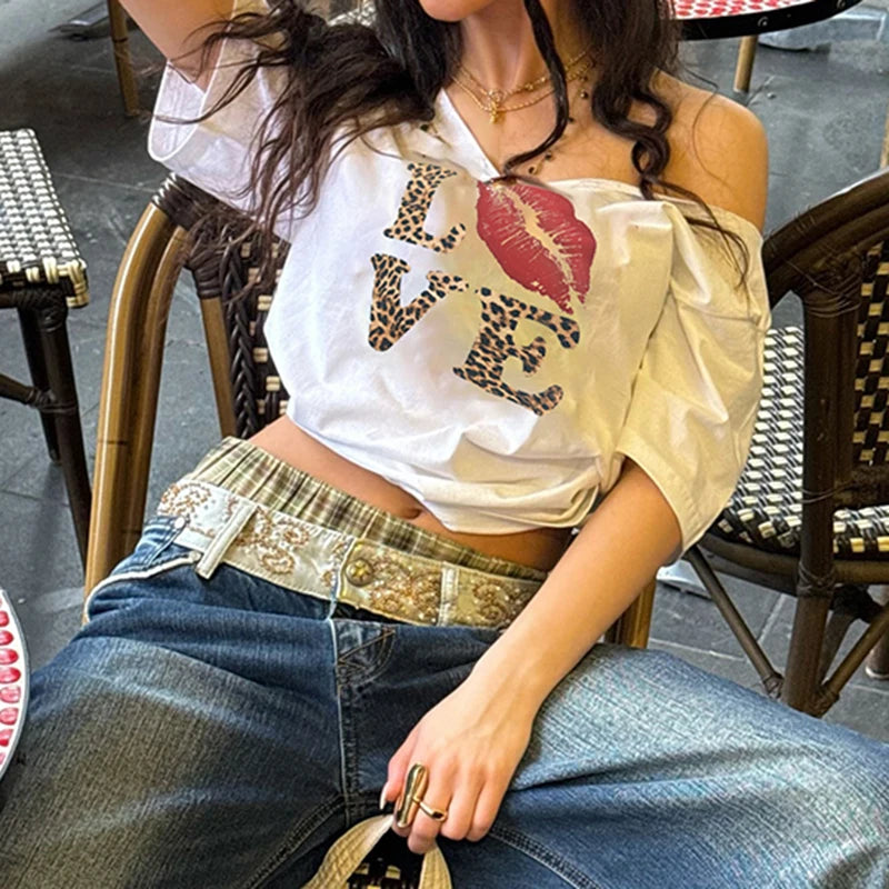 Cuteandpsycho Casual Sexy Crewneck Cropped Tops Slim Streetwear Summer Elastic Vintage Tees Short Sleeved Y2k Punk Clothings