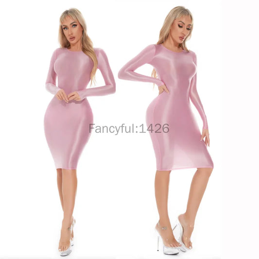 Sexy Women Bodycon Dresses Glossy Tight Dress Professional Uniform Seductive See-Through Underwear Seamless Nightdress For Lady
