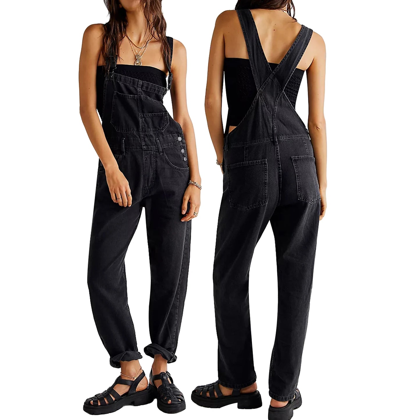 Casual Women Summer Vintage Retro Denim Long Jumpsuit Spaghetti Strap Straight Romper Pants Baggy Bib Overalls Jumpsuits black