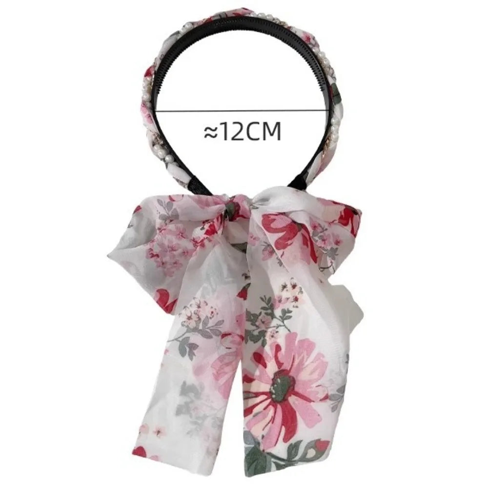 Retro Silk Scarf Headband Floral Print Pearl Braided Hairband Adjustable Bow Non Slip Ribbon Hairband for Women Girls Kid