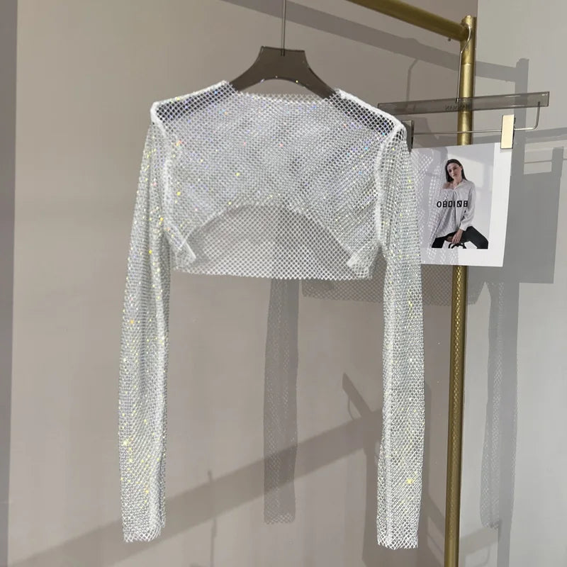 2023 new sexy bright diamond short top Slim thin Ms. hot drill long-sleeved T-shirt sexy leak waist nightclub White One Size
