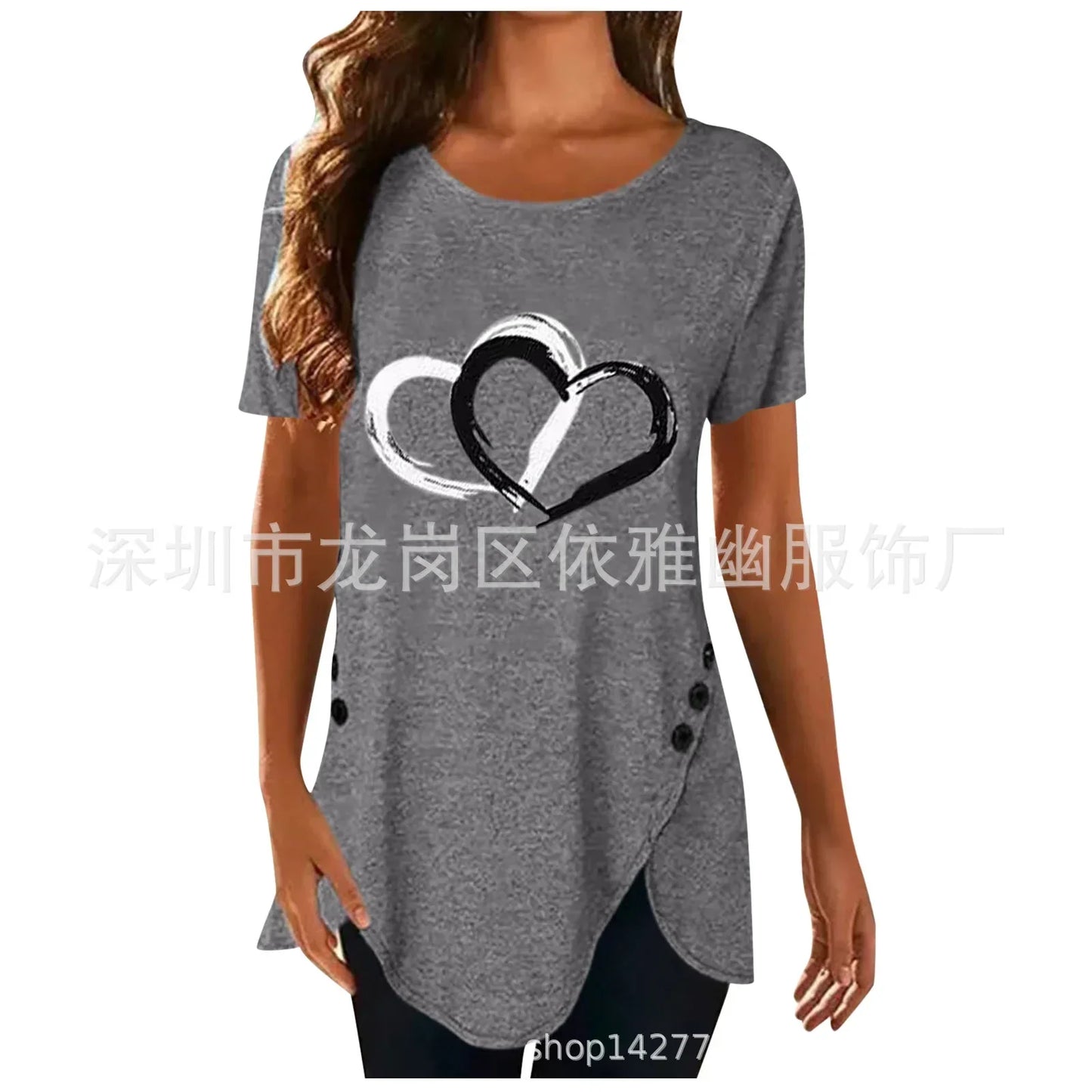 Women's Short-sleeve Heart Printed T-shirt Summer Casual Loose Long Top Tee Shirt Clothing Fashion T Shirt Streewear Oversized GRAY