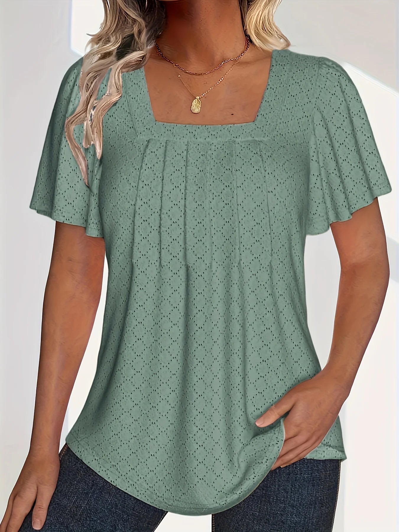 Plus size spring and summer fashionable and elegant hollow tops for women office wear loose ruffle sleeves versatile tops for Green