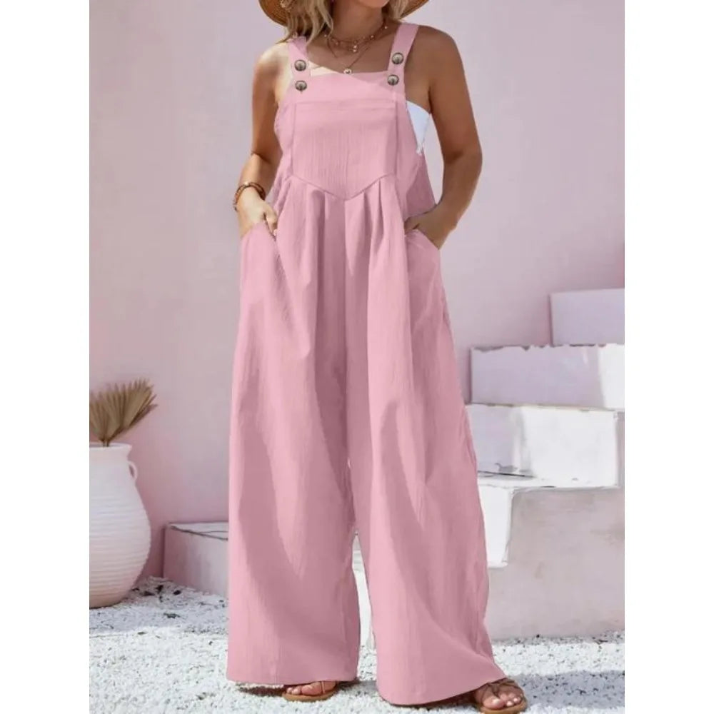 Plus Size New Women's Summer Solid Color Jumpsuit Elegant High Waist Casual Long Jumpsuits Pink